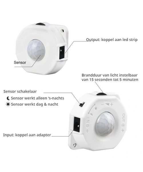 LED Strip bewegingssensor tijd en licht instelbaar - Wit - 5 ~ 24 Volt