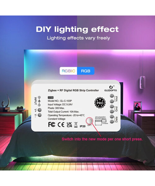 GLEDOPTO Digitale Zigbee 3.0 LEDStrip Controller WS2811 WS2812 max. 300 pixels