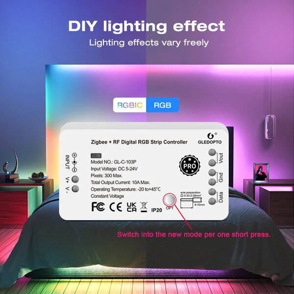 GLEDOPTO Digitale Zigbee 3.0 LEDStrip Controller WS2811 WS2812 max. 300 pixels