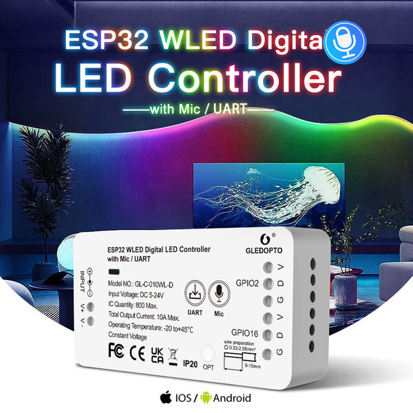 GLEDOPTO WLED Digitale LED Strip Controller met UART en Microfoon - ESP32 - Dynamische kleuren