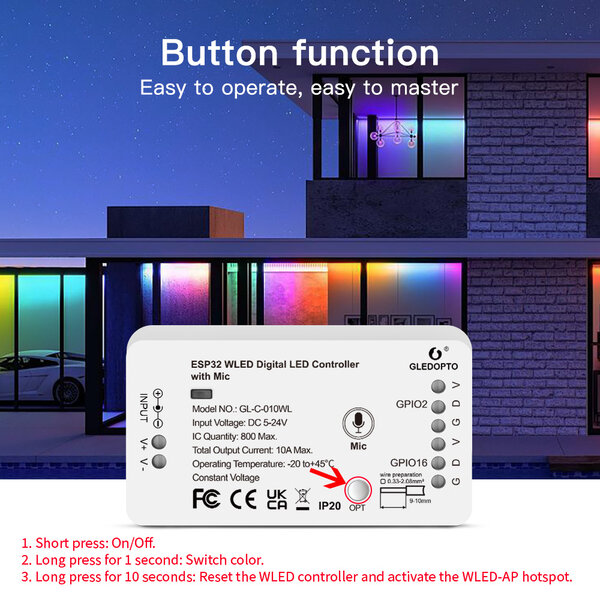 GLEDOPTO WLED Digitale LED Strip Controller met Microfoon - ESP32 - Dynamische kleuren