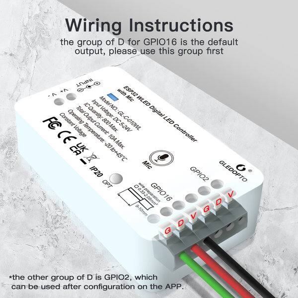 GLEDOPTO WLED Digitale LED Strip Controller met Microfoon - ESP32 - Dynamische kleuren