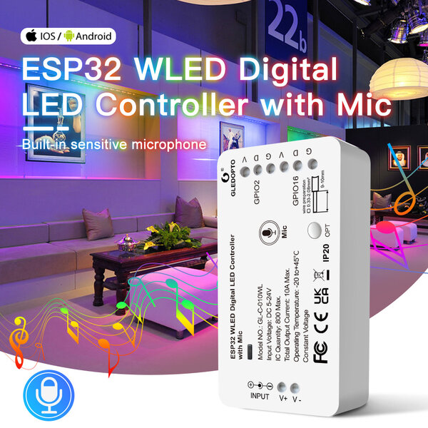 GLEDOPTO WLED Digitale LED Strip Controller met Microfoon - ESP32 - Dynamische kleuren