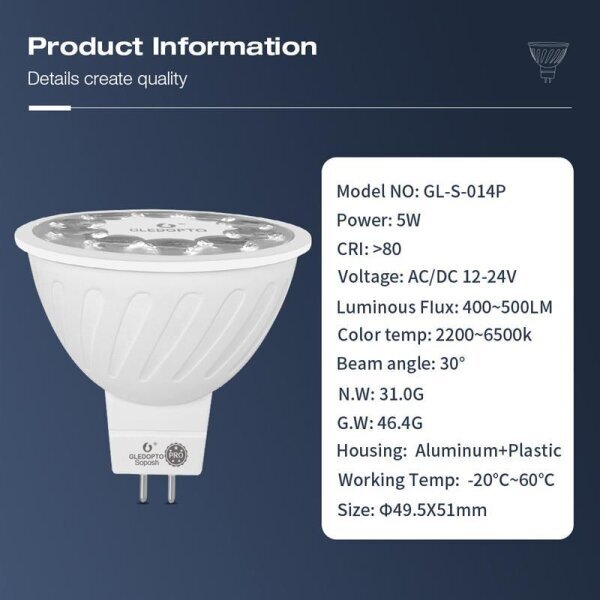 GLEDOPTO GLEDOPTO ZigBee 3.0 PRO 12v / 24v AC/DC  MR16 / GU5.3 LED Spotlight 30° Lens