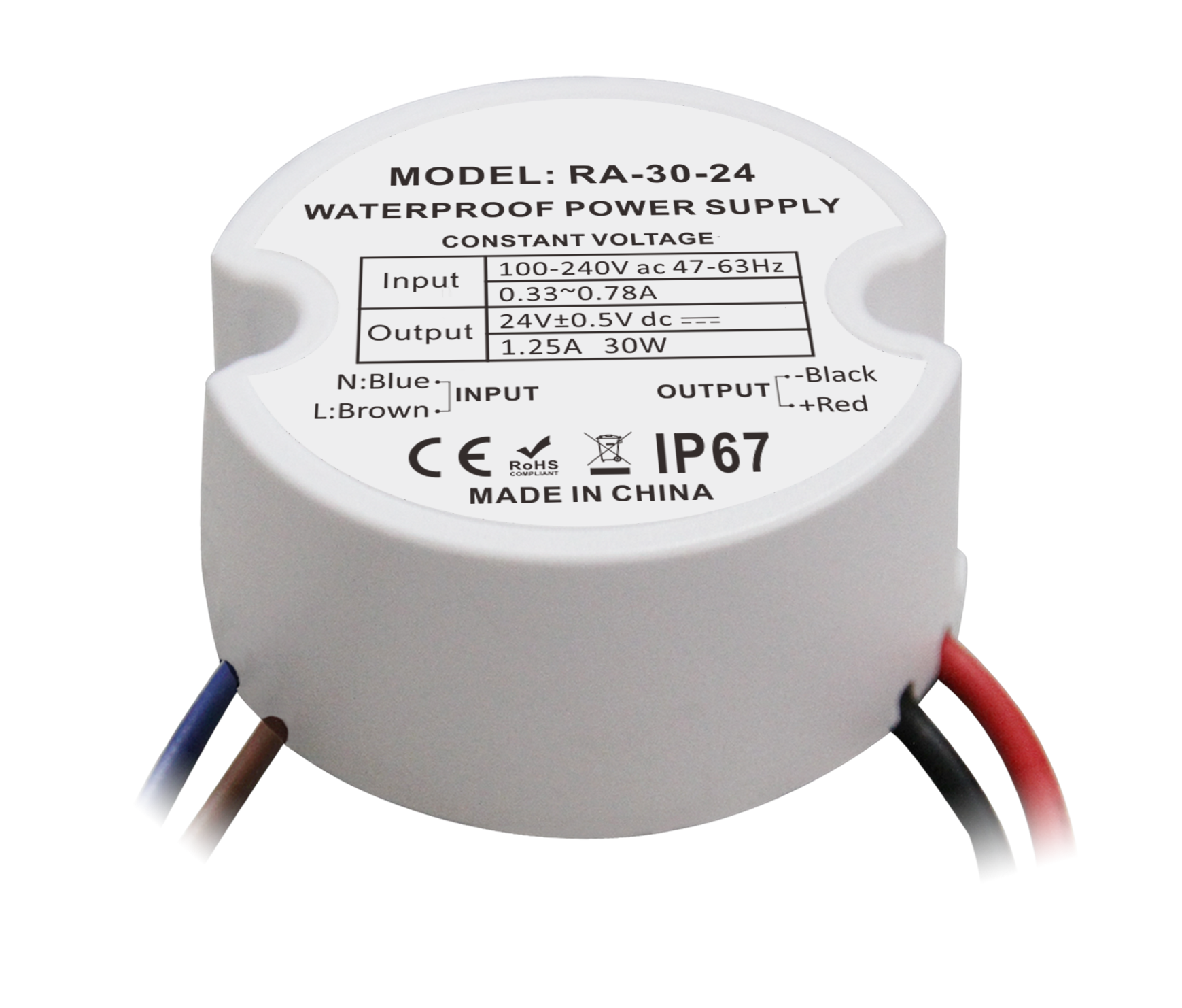24 Volt 30 Watt Ronde mini Transformator Waterdicht IP67