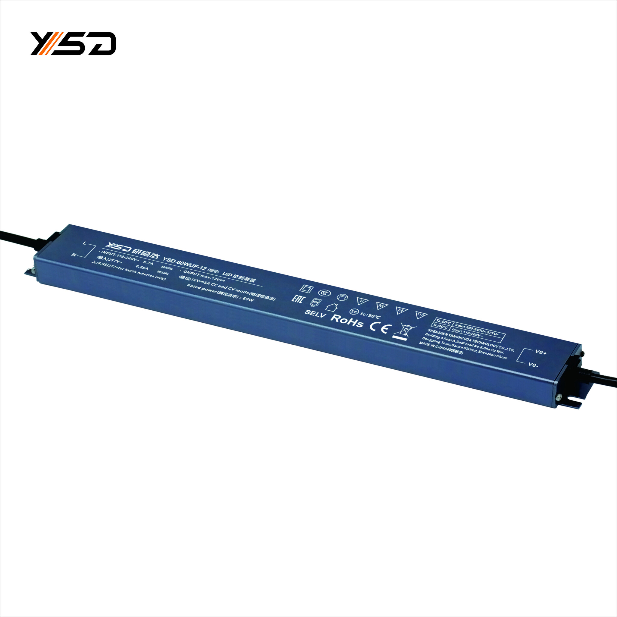 YSD 12 Volt 5 Ampere 60 Watt Waterdichte Slimline LED transformator