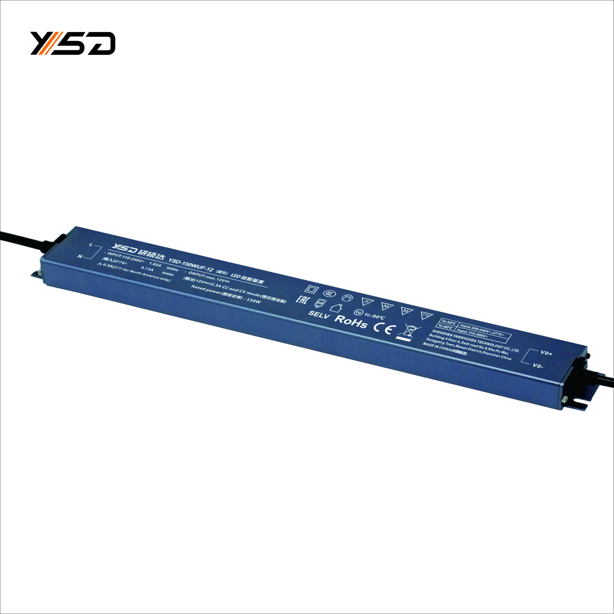 YSD 12 Volt 12.5 Ampere 150 Watt Waterdichte Slimline LED transformator