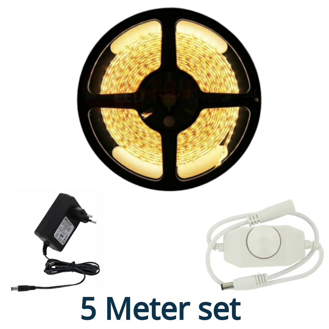 5 Meter Extra Warmwit 2500K LEDStrip Set Compleet met dimmer
