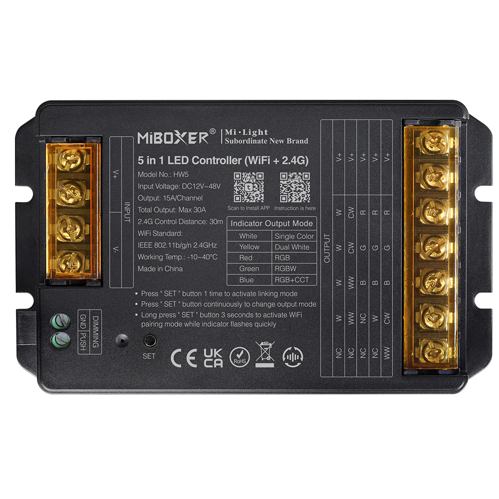 MiBoxer 5in1 WiFi + 2.4Ghz LED controller 12-48v 30a