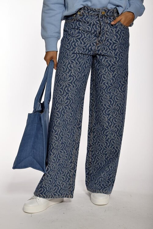 Ganni Mid Blue Stone Wide Leg Jacquard Jeans