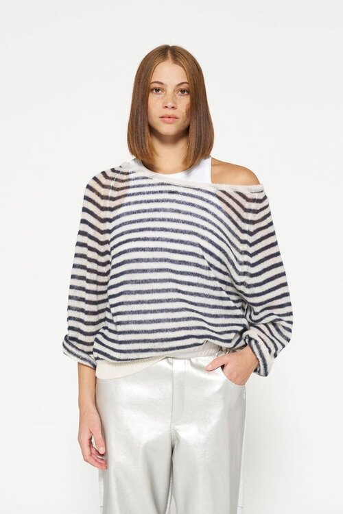 10Days ecru/night sky thin knit sweater stripe