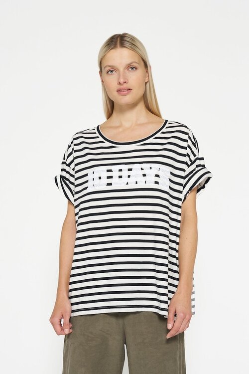10Days Ecru/Black tee stripe sequins logo