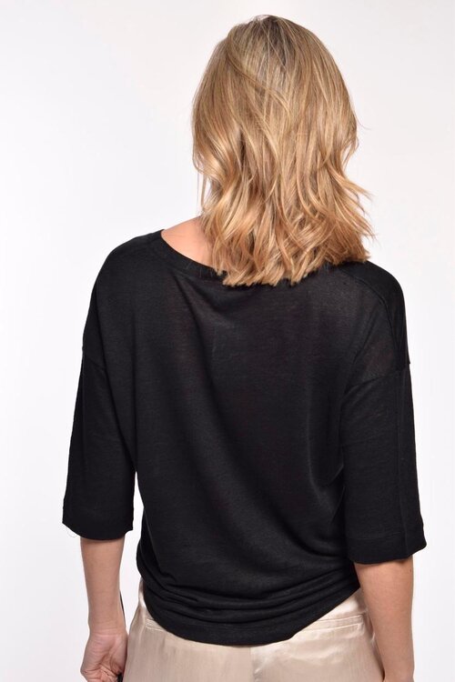 Neeve Zwart T-shirt Linnen V-hals 3/4 Mouw