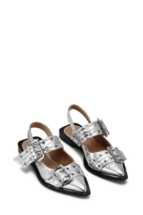 Ganni Silver Buckle ballerina metallic