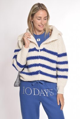 10Days ecru/blue zip cardigan knit stripes