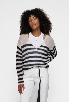 10Days Ecru/Black v-neck knit sweater stripes