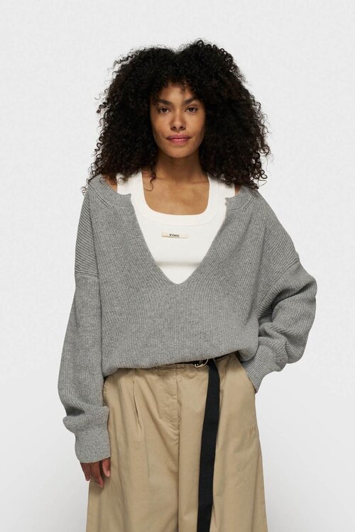 10Days Light Grey Melee v-neck knit sweater cashmere