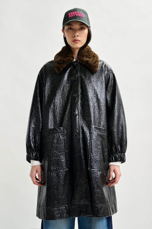 Essentiel Antwerp Black Faux Fur Collar Coat