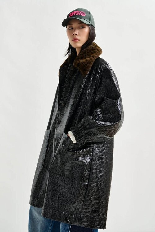 Essentiel Antwerp Black Faux Fur Collar Coat
