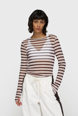 10Days ecru/wine mesh long sleeve stripes