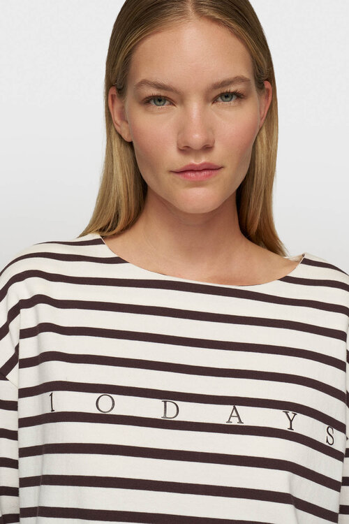 10Days ecru/wine boat neck top stripes