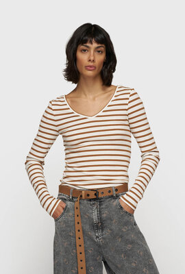 10Days ecru/bruin v-neck long sleeve top