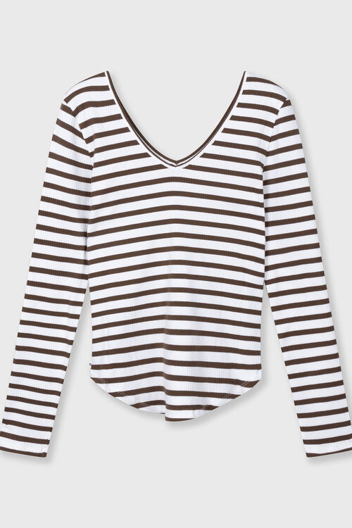 10Days ecru/bruin v-neck ballet top stripes