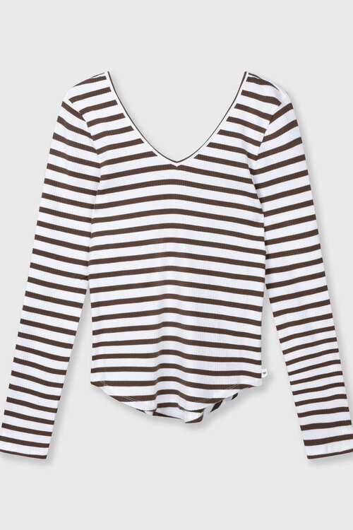 10Days ecru/bruin v-neck ballet top stripes