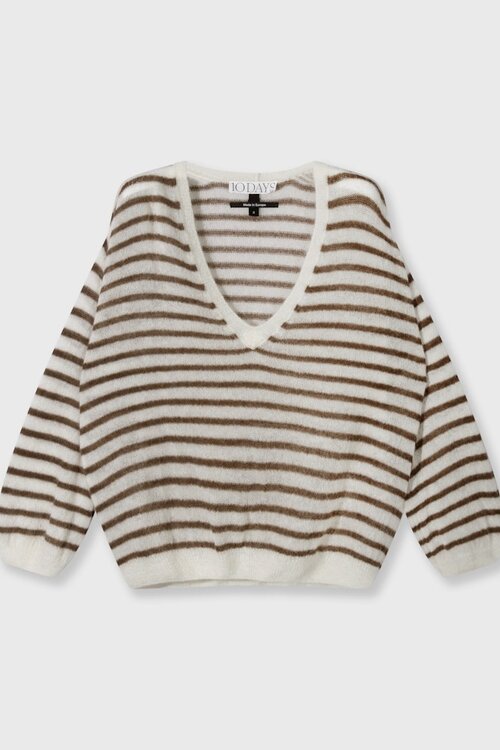 10Days ecru/bruin thin v-neck knit sweater