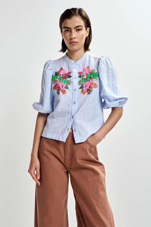 Essentiel Antwerp Blauwe Blouse Korte Mouw