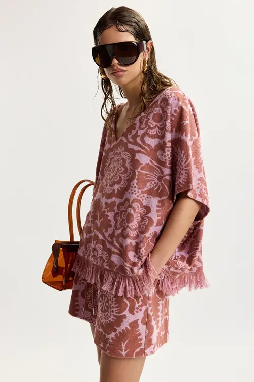 Essentiel Antwerp Roze en bruine top met franjes
