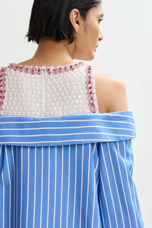 Essentiel Antwerp Blauw/wit Gestreepte jurk