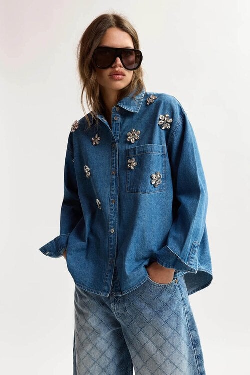 Essentiel Antwerp Jeanshemd met stras blauw
