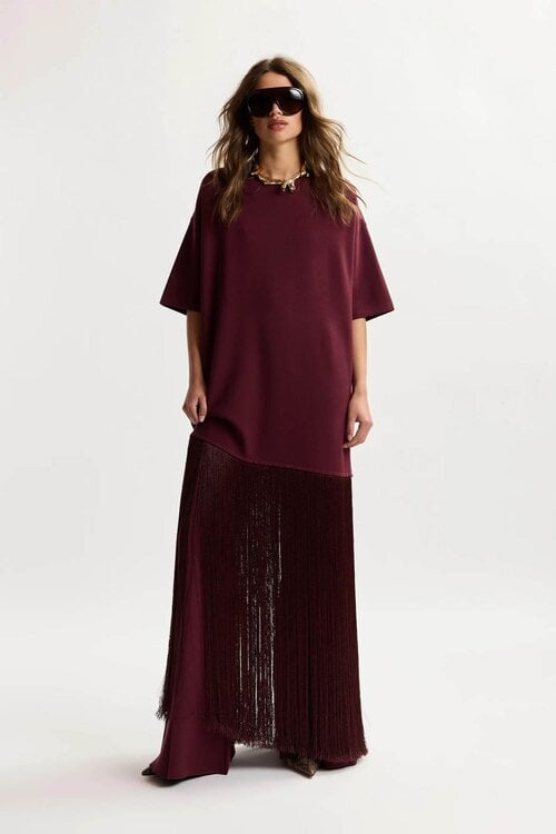 Essentiel Antwerp Minijurk met franjes bordeaux