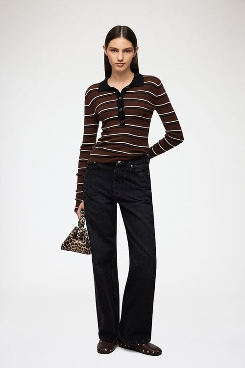 Ganni Polo shirt streep merino bruin