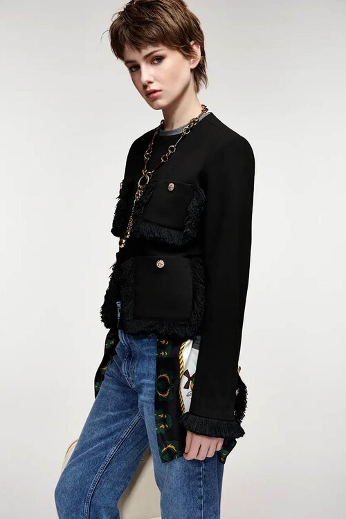Essentiel Antwerp Kort jasje met franjes Black