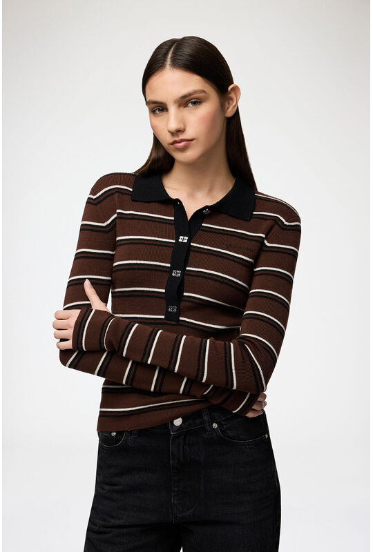 Ganni Polo shirt streep merino bruin