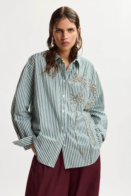 Essentiel Antwerp Streep blouse pailleten groen