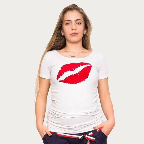 Op en Top Zwanger Zwangerschapsshirt Positieshirt Big Kiss Wit Op en Top Zwanger Zwangerschapsshirt Positieshirt Big Kiss Wit