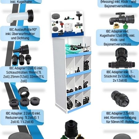 IBC Aufsteller /Verkaufsdisplay inkl. Erstbestückung mit IBC Adaptern und Anschlüssen