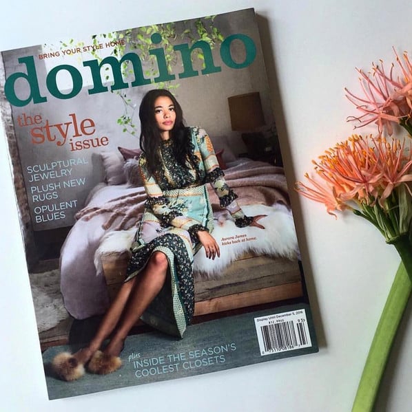 A look inside the bedroom of the beautiful Aurora James featured on the cover of domino magazine.