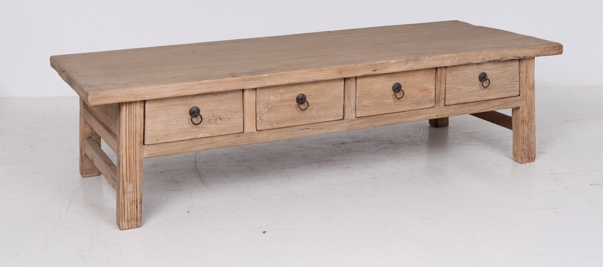 Raw Wood Coffee Table W 4 Drawers 166x65xh44cm Elm Wood
