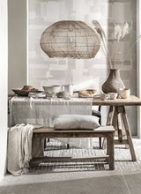 Raw wood furniture, combined with beautiful textiles in  soothing color tones - spotten on Pinterest