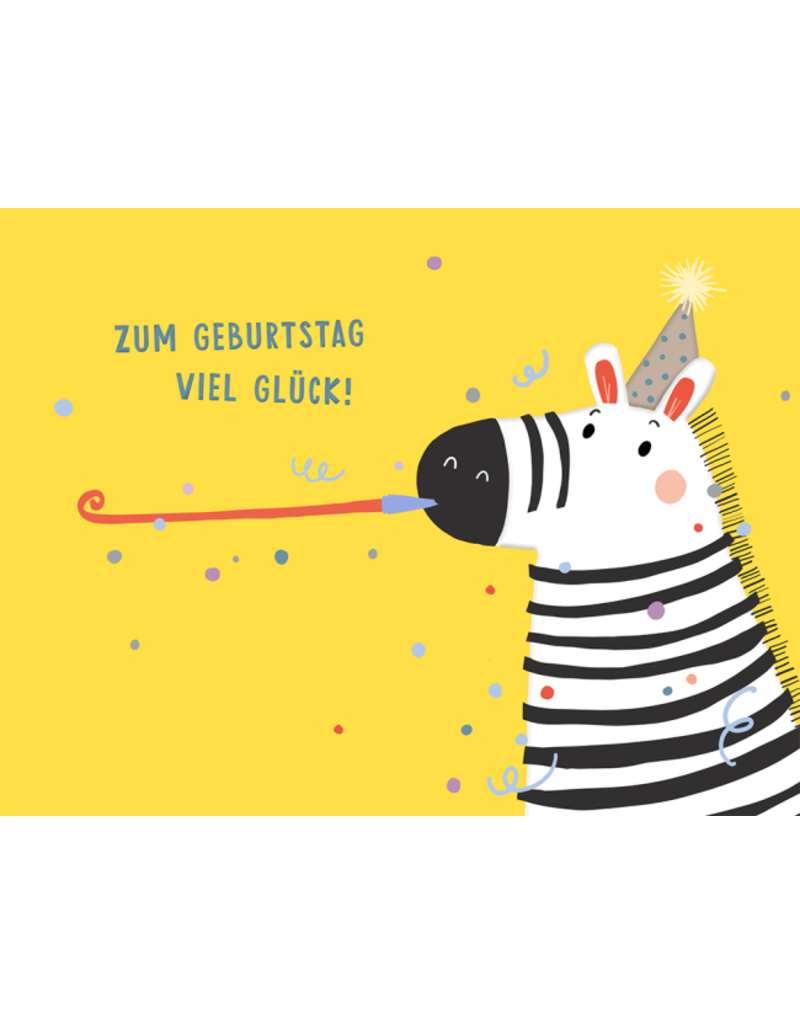 LETTERART - Grafik Werkstatt Feiere mit Lachen: Lustige Geburtstagskarte mit einem fröhlichen Zebra, das ein Partyhütchen trägt und mit der Luftschlange zur Party bläst