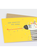 LETTERART - Grafik Werkstatt Celebrate with laughter: Funny Birthday Card with a Happy Zebra wearing a party hat and blowing a streamer to the party