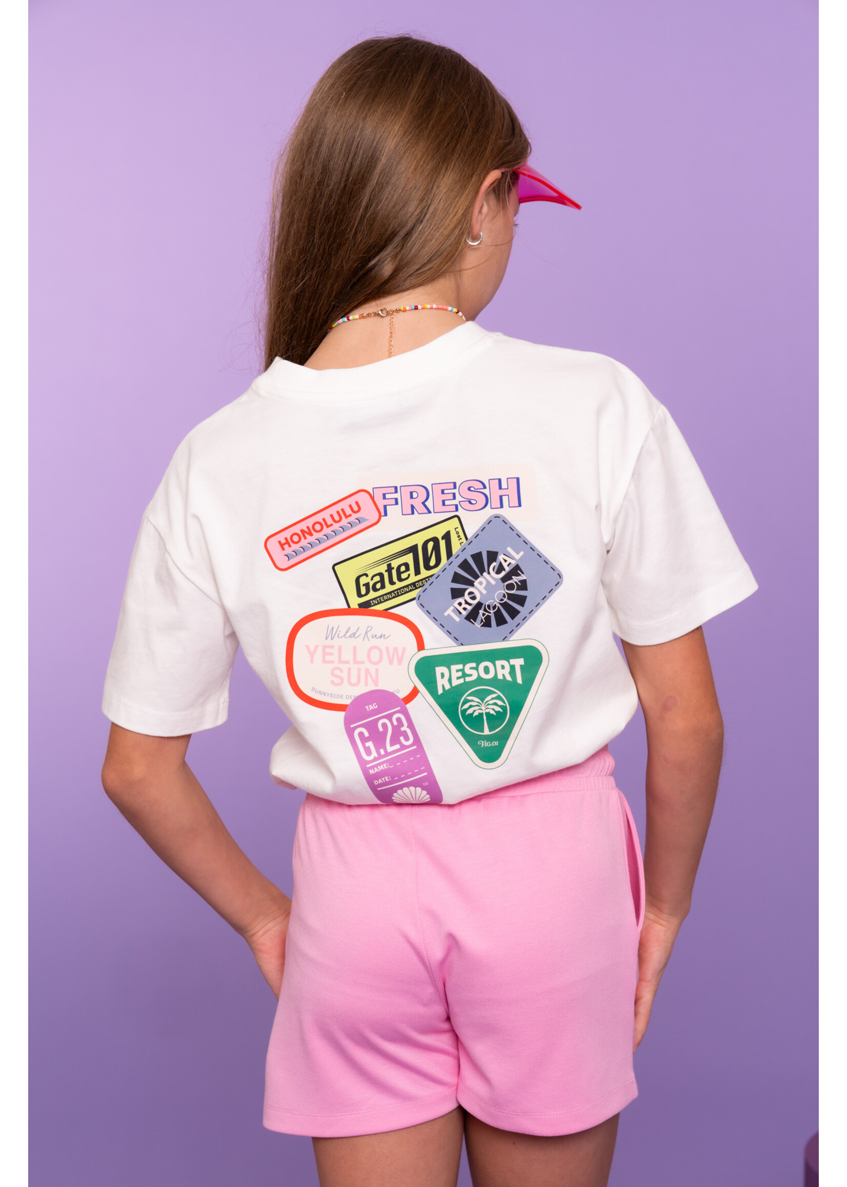 Geisha T-shirt Patchec 62066 - roomwit/blauw/roze