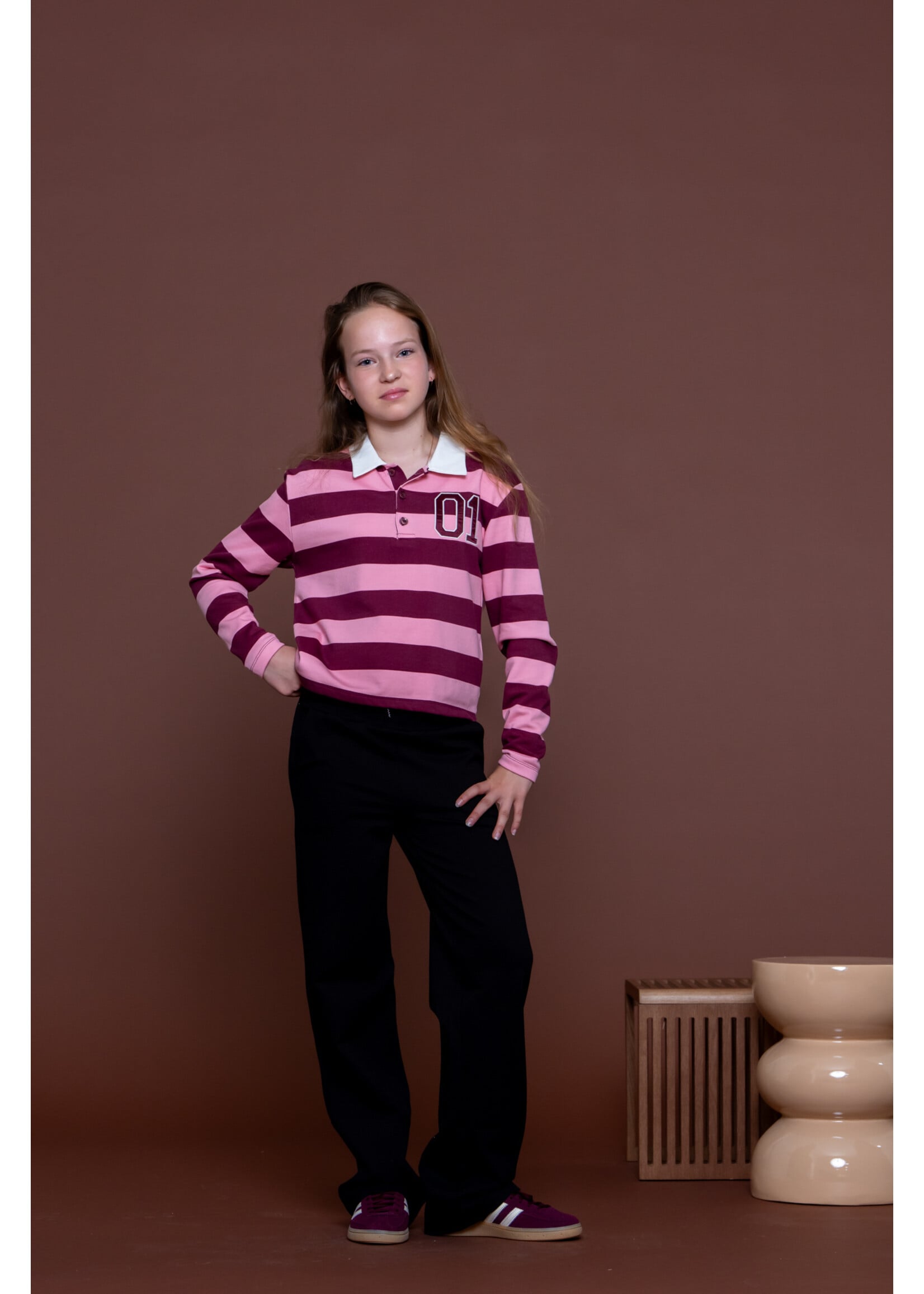 Geisha Sweater striped with  collar 62630 - bordeaux/roze