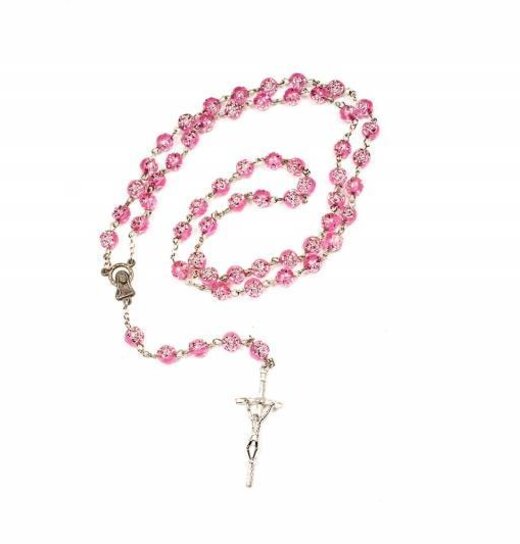 Rosary With Pink Roses Silver Beads