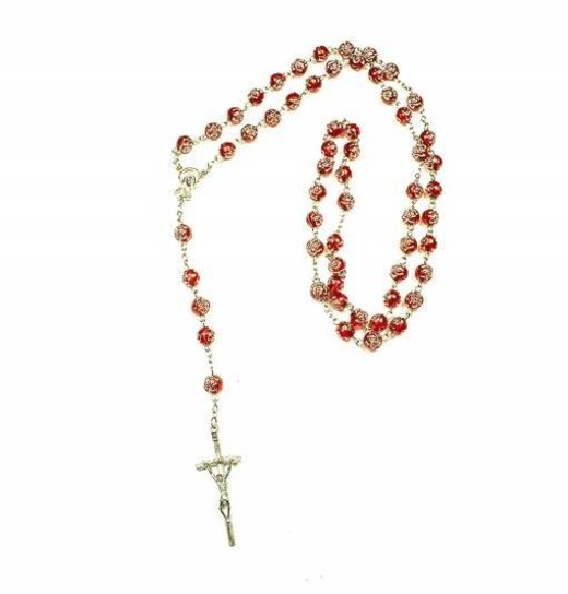 Rosary Red Roses With Silver Beads