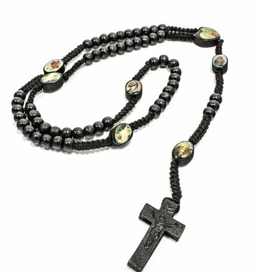 Wood Rosary Black With Saints / Relief